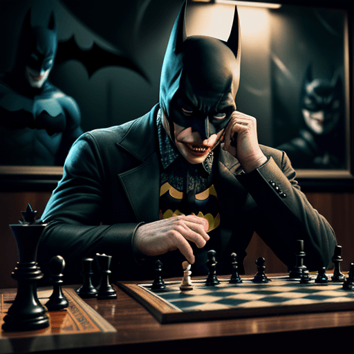 AI generated: photograph of batman playing chess, the joker is sitting opposite batman at the same table, grimey d...