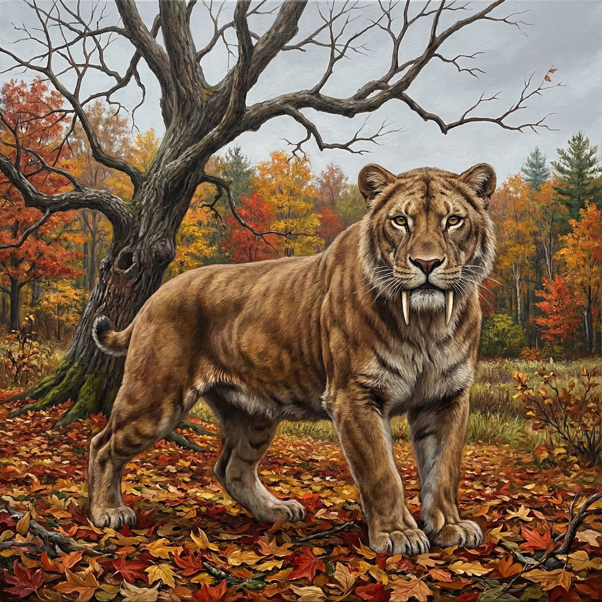 AI generated: Autumn scene, beautiful colors, in the midst of the picture is a sabertooth cat a Smilodon (full on ...