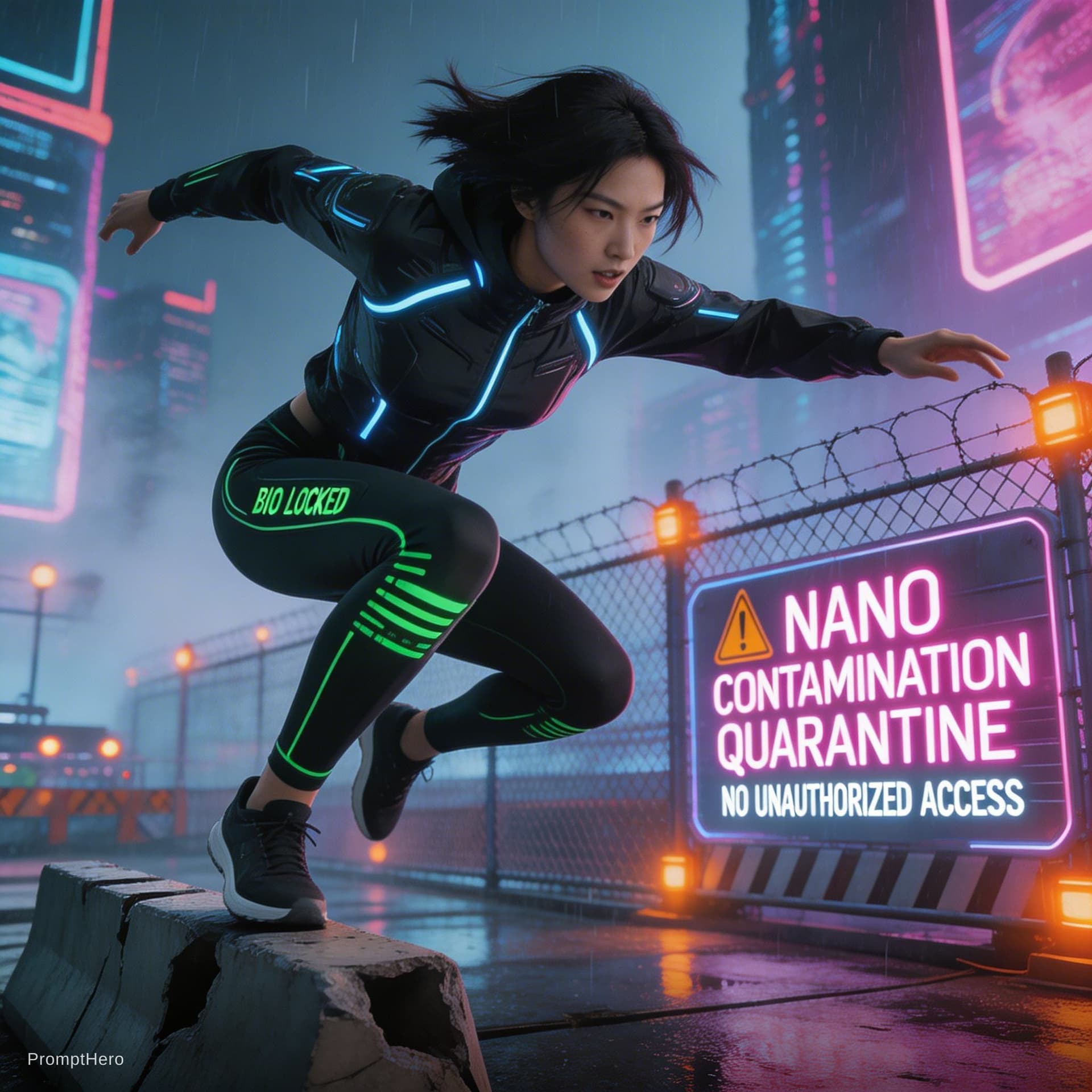 AI generated: cyberpunk game style a photo of a slim, small breast, flat chest, abs, young asian female supermodel...