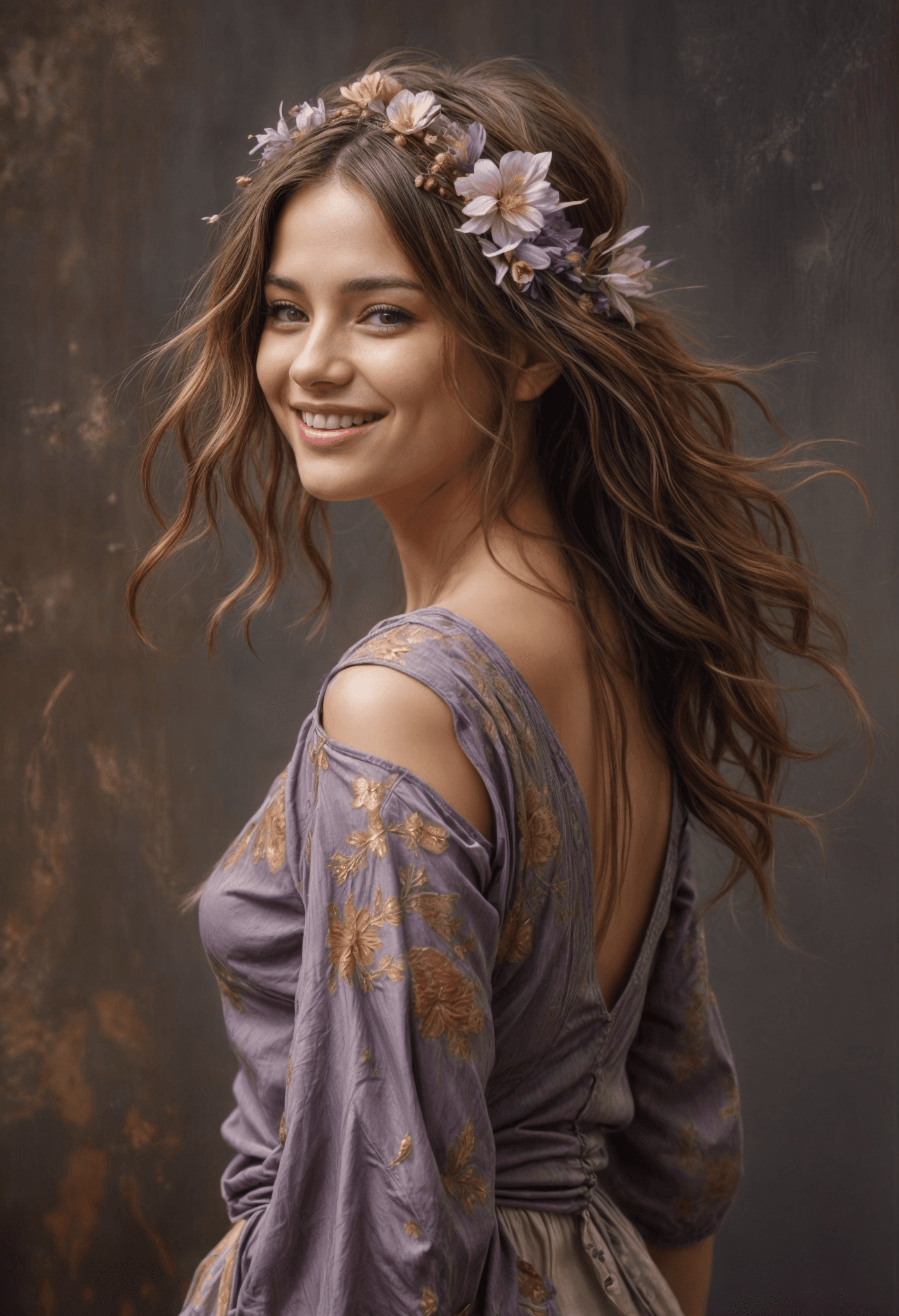 AI generated: Stunning smiling boho girl, back view, caught mid-twirl, palette knife technique with highly texture...