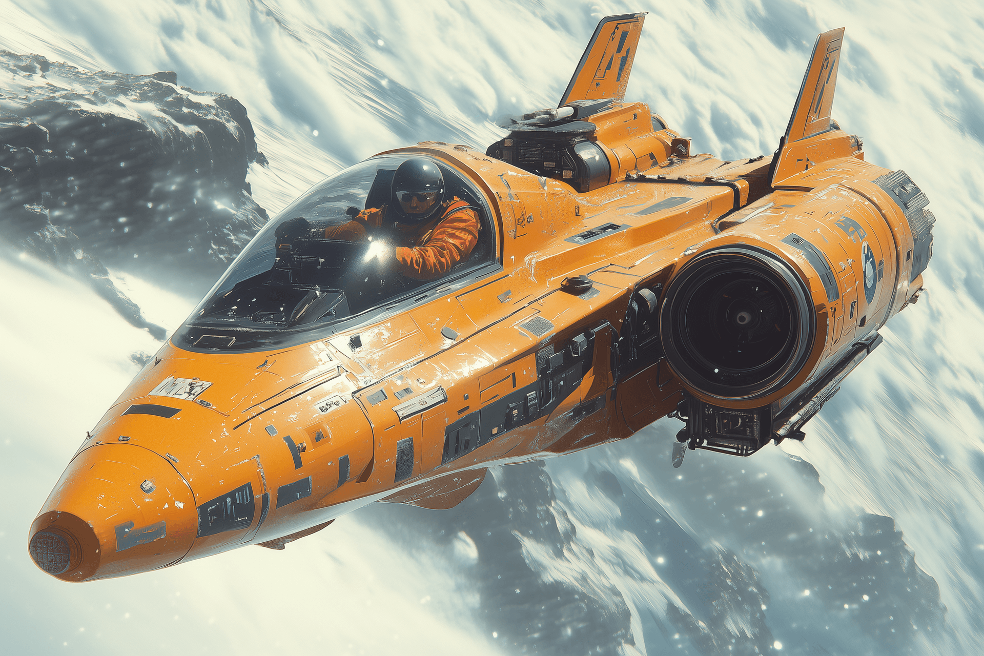 AI generated: A spaceship with two space pods attached to it, the pilot is sitting in one of them wearing an orang...