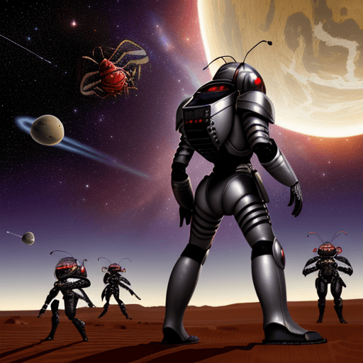 AI generated: army group, alien ant army group with silver armor invasion the planet, gunfire with red ant group, ...