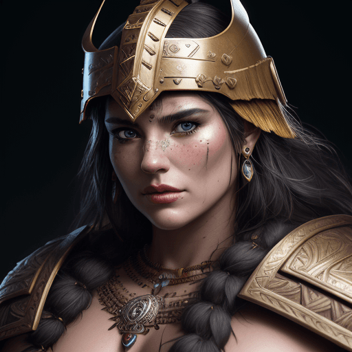 AI generated: dramatic portrait of a barbarian, a barbarian, wearing a helmet and jewelry, finely detailed, intric...