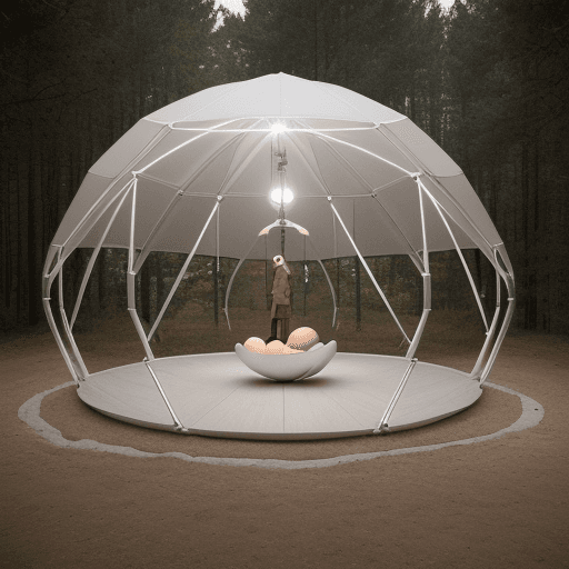AI generated: "Behold a marvel of design—an egg-shaped tent structure that emanates a soft glow. Crafted from alum...