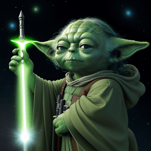AI generated:  YODA in cosmos, 8k, light sword, happy YODA, friends YODA