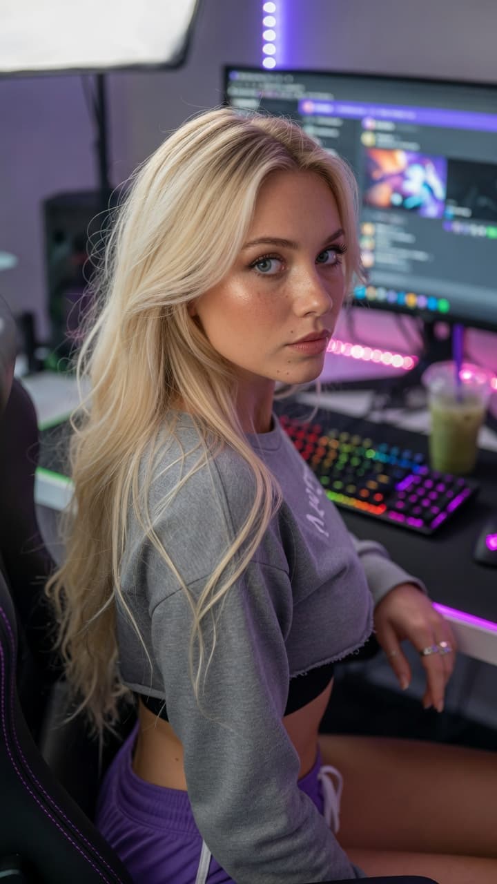 AI generated: Photorealistic portrait of a beautiful blonde woman at her gaming desk, turning to look over her sho...