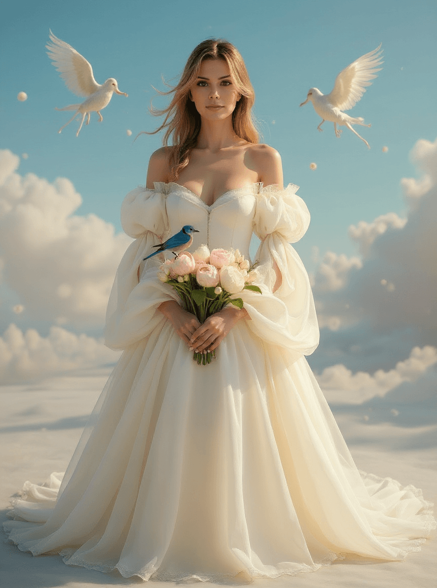 AI generated:  Woman in long luxorios tull dress, light yellow, golden color, the realm of the Air, magical winds ...
