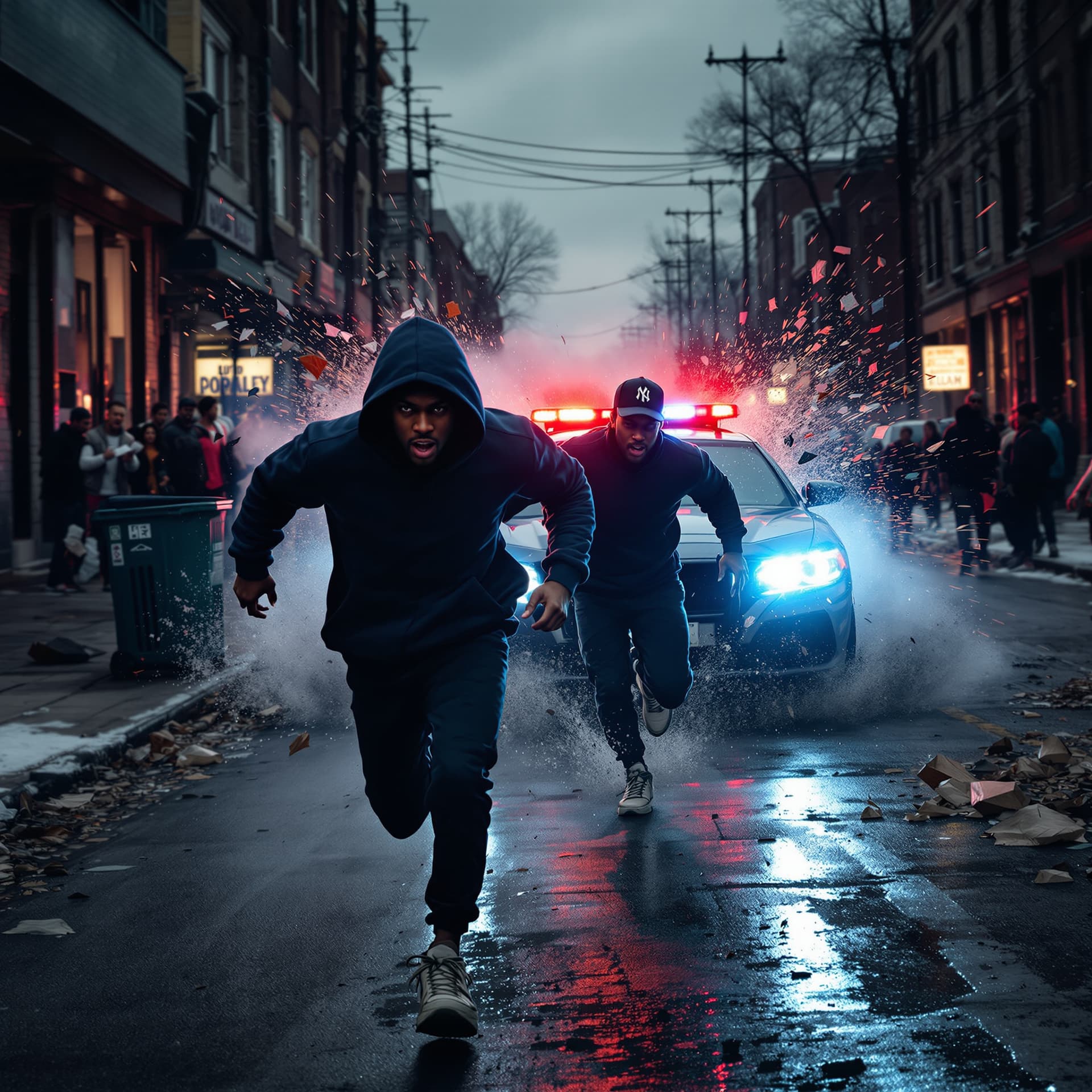 AI generated: photorealistic FRONT view of a couple of young black men in hoodies and urban wear running AT FULL S...