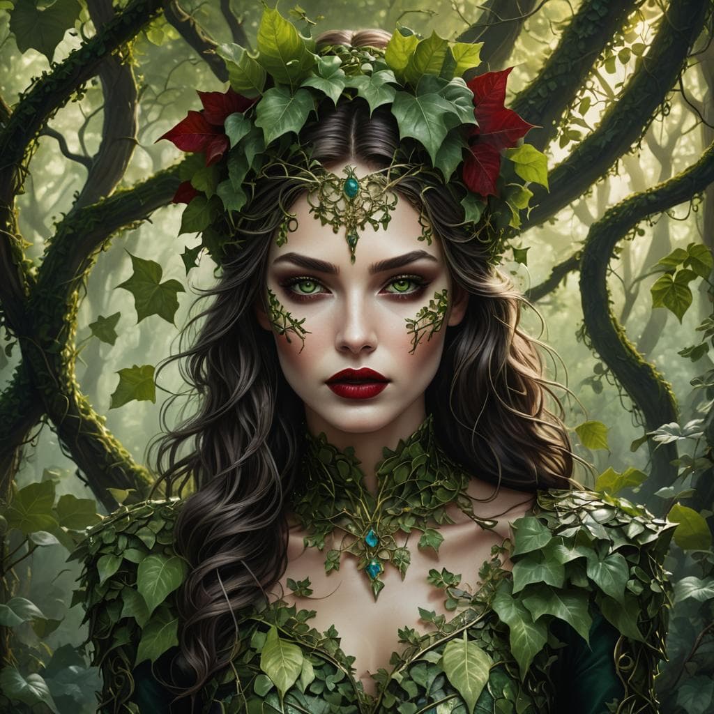 AI generated: A mesmerizing woman with vibrant green eyes and dark red lips, her skin seamlessly blending with lus...