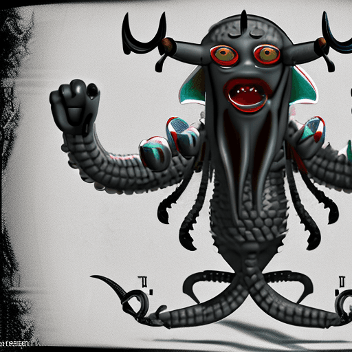 AI generated: Create a full-length portrait of a massive Lovecraftian monster with four arms and tentacle legs. Hi...