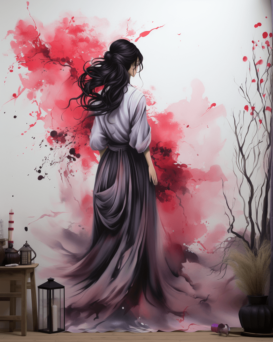 AI generated: geisha woman in ink on white matte vinyl wall sticker, in the style of anton mauve, light pink and r...
