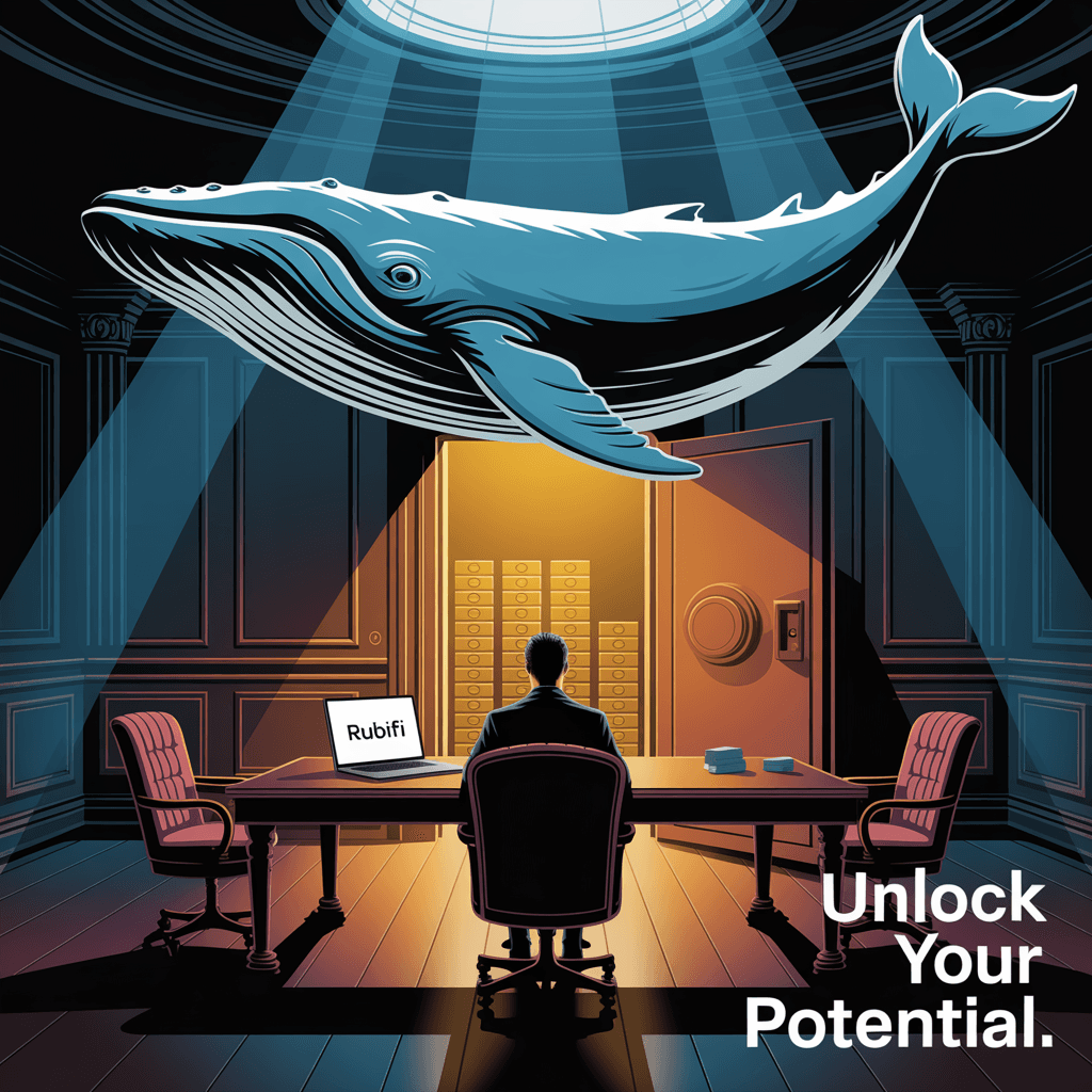 AI generated: Whale + Wall Street banker behind closed doors → Right = open vault door with laptop + RubiFi logo