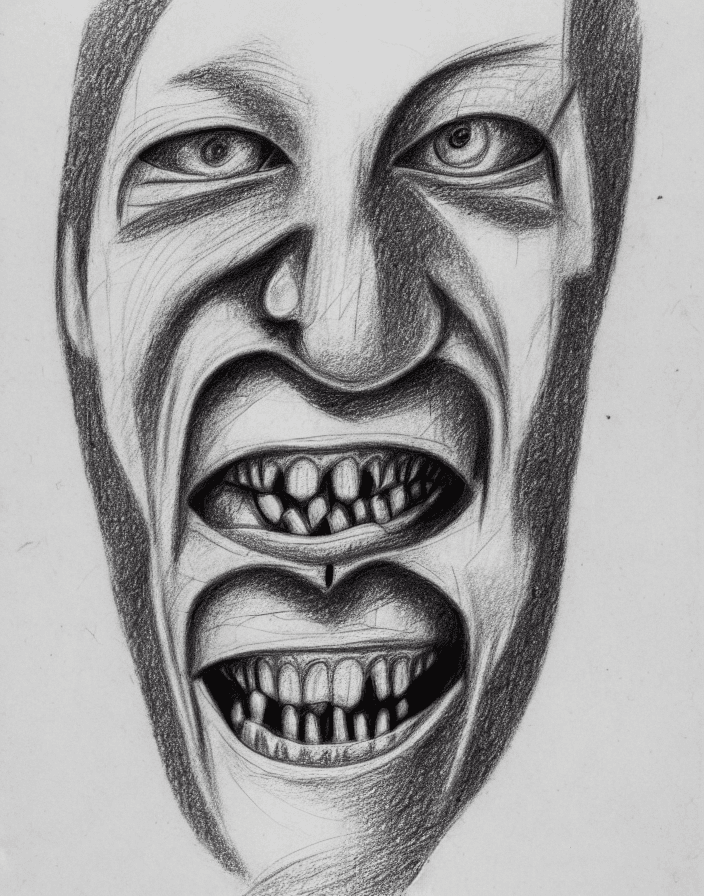 AI generated: [(whole human face with teeth):1], pencil drawing, trembling design, many cancellations, overhanging...