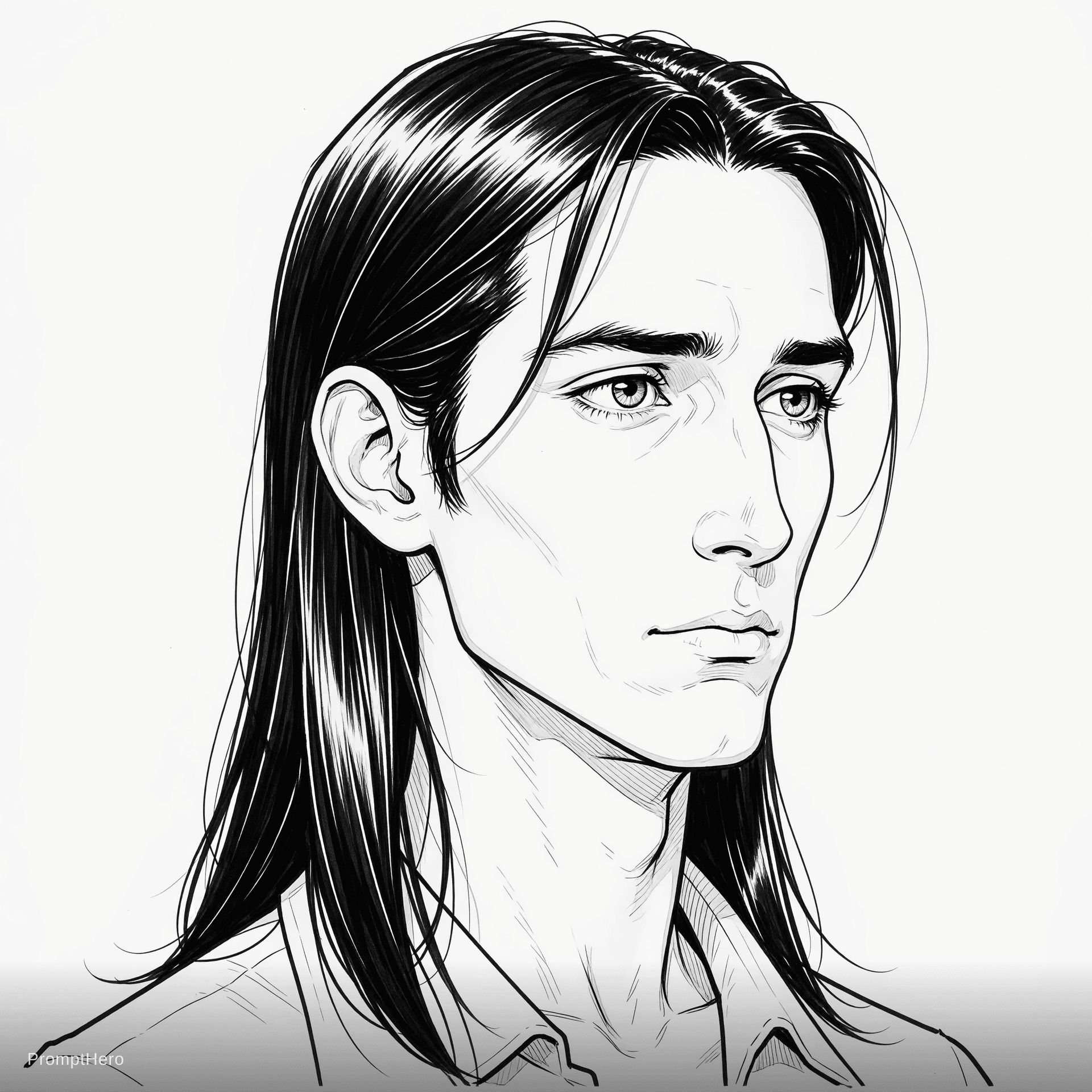 AI generated: young man with long face, with clean shaven , with dark hair, without hat, without glasses line art,...