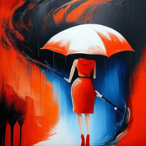 AI generated: a painting of a woman holding a red umbrella, in the style of fluid dynamic brushwork, textured canv...