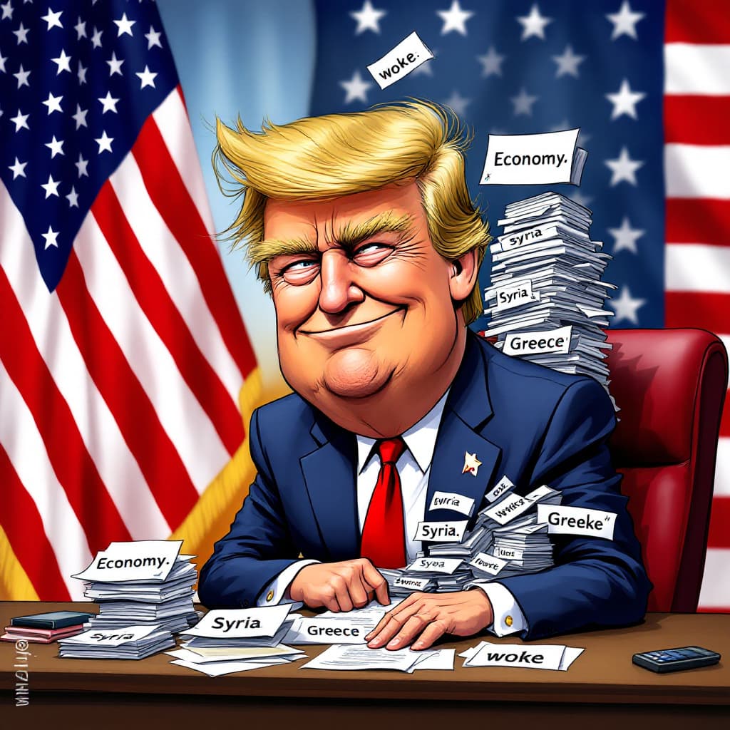 AI generated: A satirical caricature of Donald Trump, with an oversized head and tiny body, sitting at a desk pile...