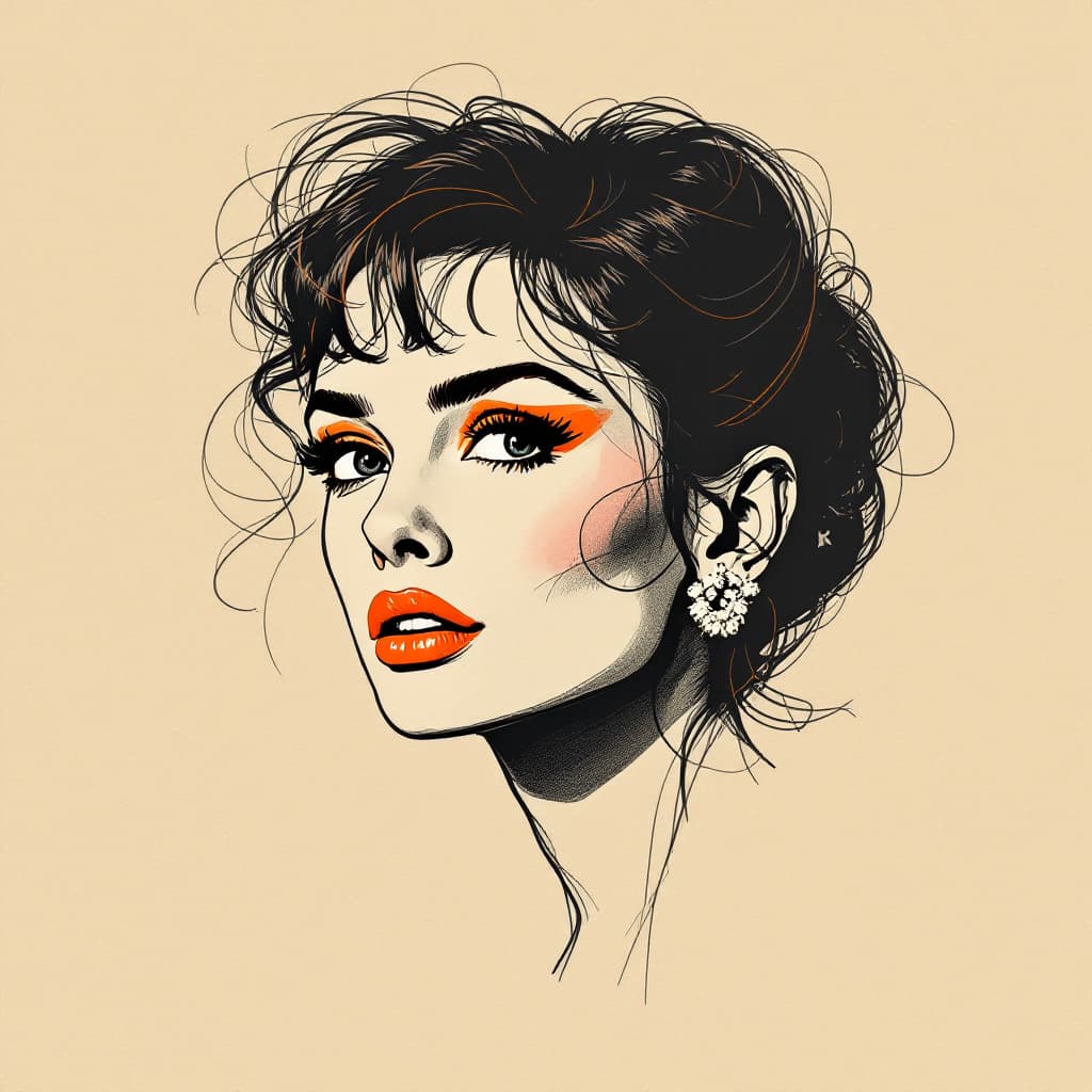 AI generated: a drawing of  audrey hepburnwith a r, in the style of bold colorful lines, dark beige and orange, ma...