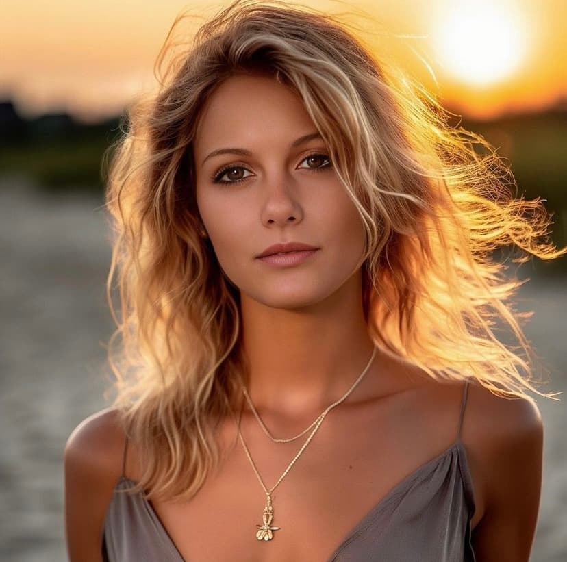 AI generated: a blond woman with long hair is standing in the beach, in the style of dark gold and light bronze, r...