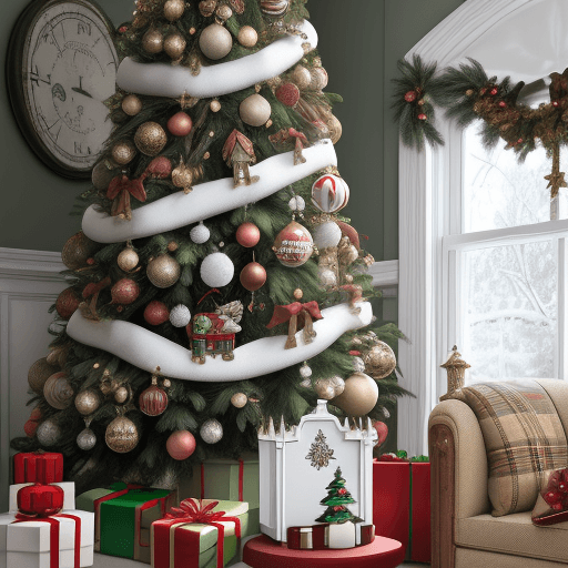 AI generated: 
a round white cabinet, on the edge there is a Christmas tree garland with Christmas decorations, on...