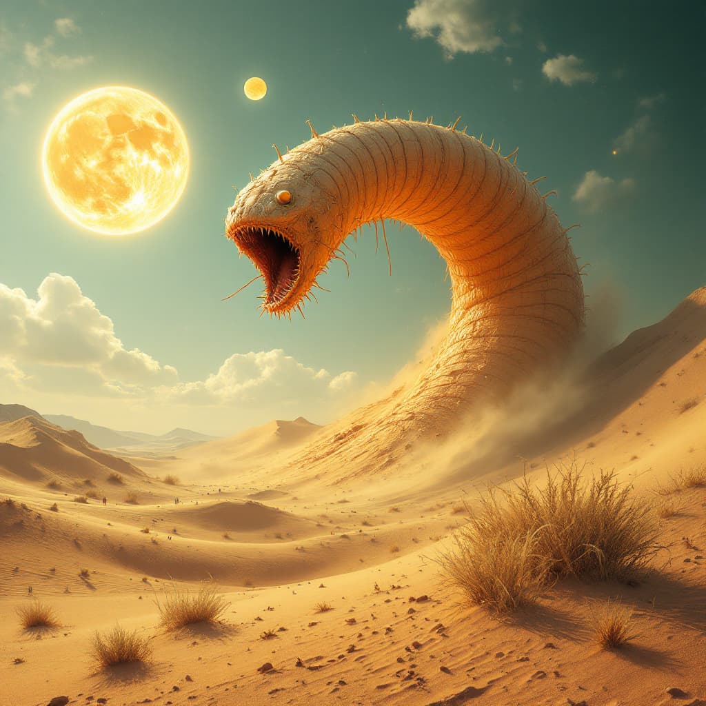AI generated: 
colossal sandworm bursting from dunes under twin suns --v 7 --ar 3:2 --style sci-fi fantasy realism...