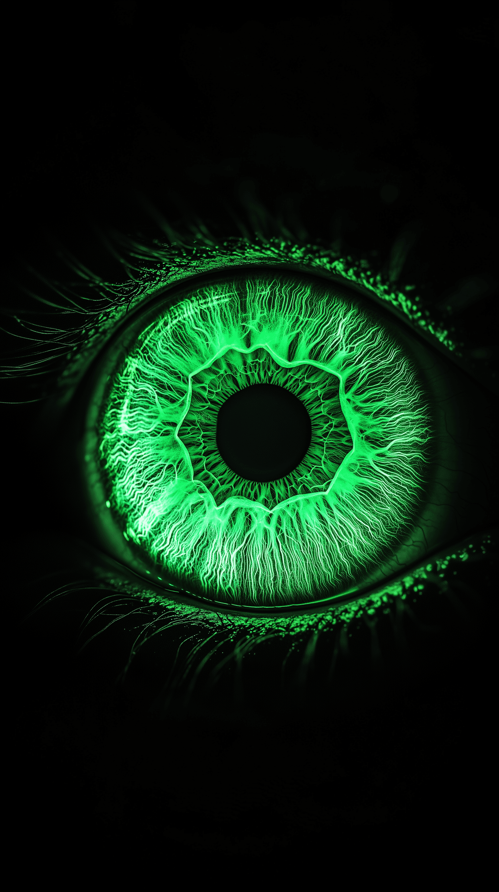 AI generated: green x-ray, eye, macro-shot, black background, realistic, rich detailing --ar 9:16 --style raw --v ...