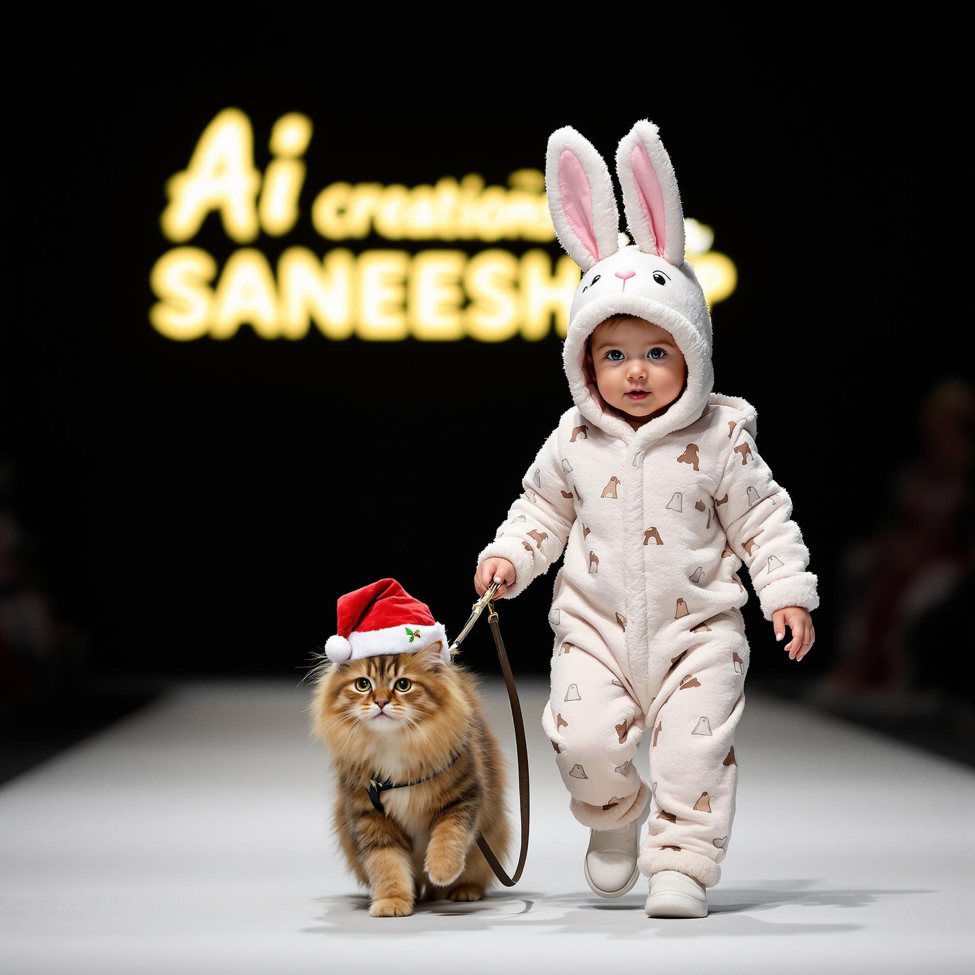 AI generated: A baby dressed in bunny pajamas leads a pet cat on a leash while walking at a Ai creations by SANEES...