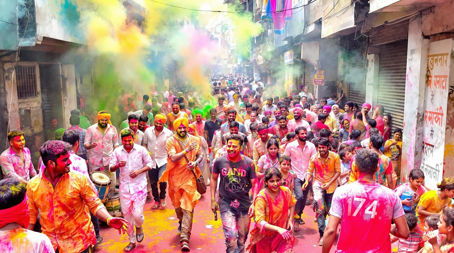 AI generated: ➡️ A narrow Indian street packed with people celebrating Holi, faces covered in bright colors, peopl...