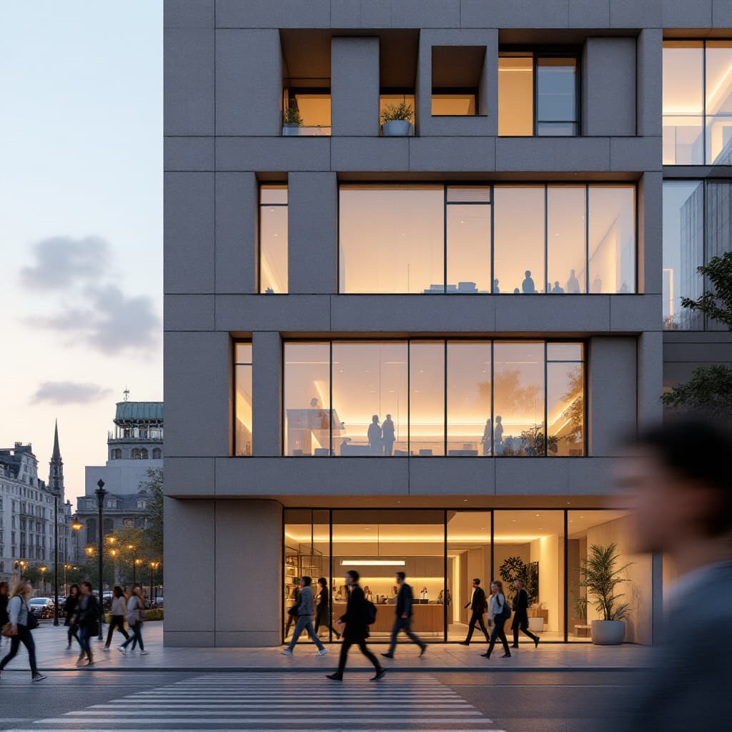 AI generated: photography, eye-level, front view, a contemporary urban building facade during twilight with pedest...