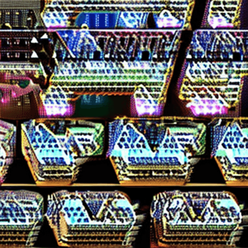 AI generated: A robot with a coin at his center, standing in front of a background of interconnecting block chains...