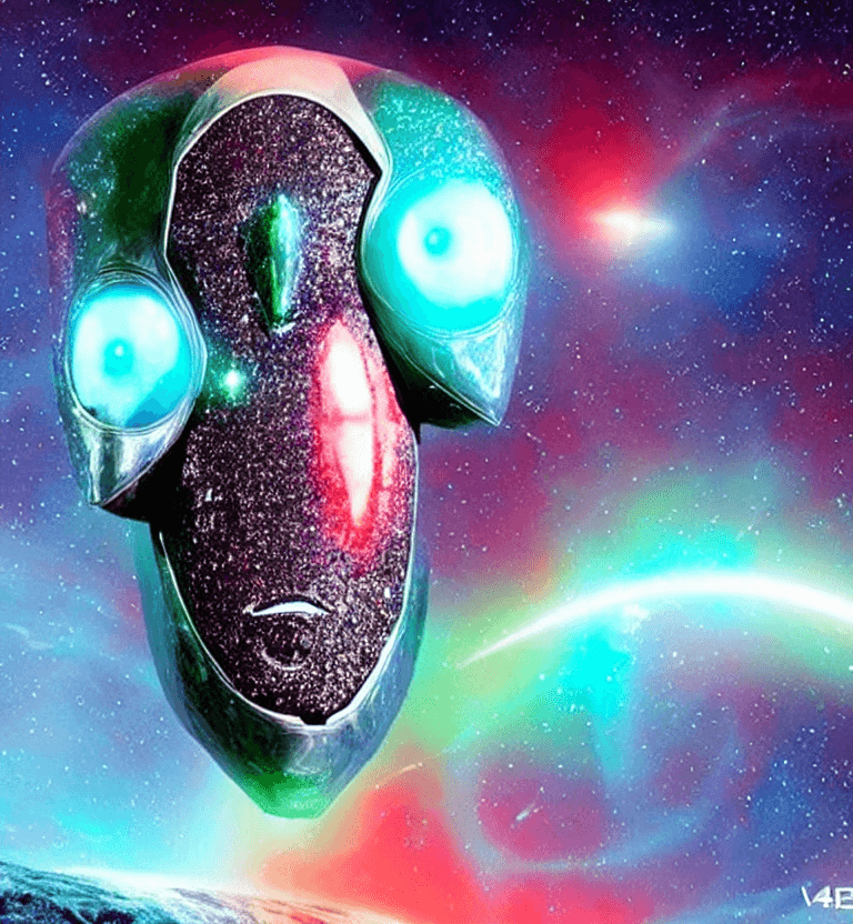 AI generated: Elon musk alien made of crystal: 2 big bang shiny and eyes, green eyes;  in the background and  blue...
