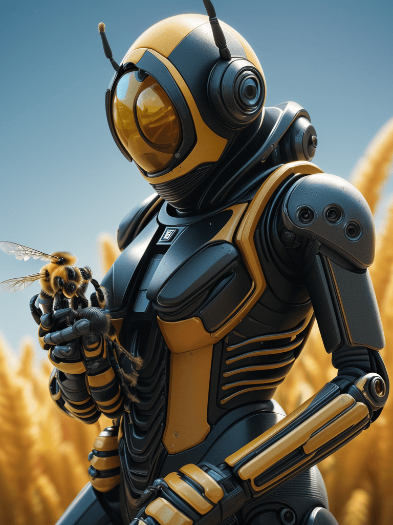 AI generated: portrait of biorobotic and armed bee, 8k full HD, low angle, unreal engine 5, cinematic, masterpiece...