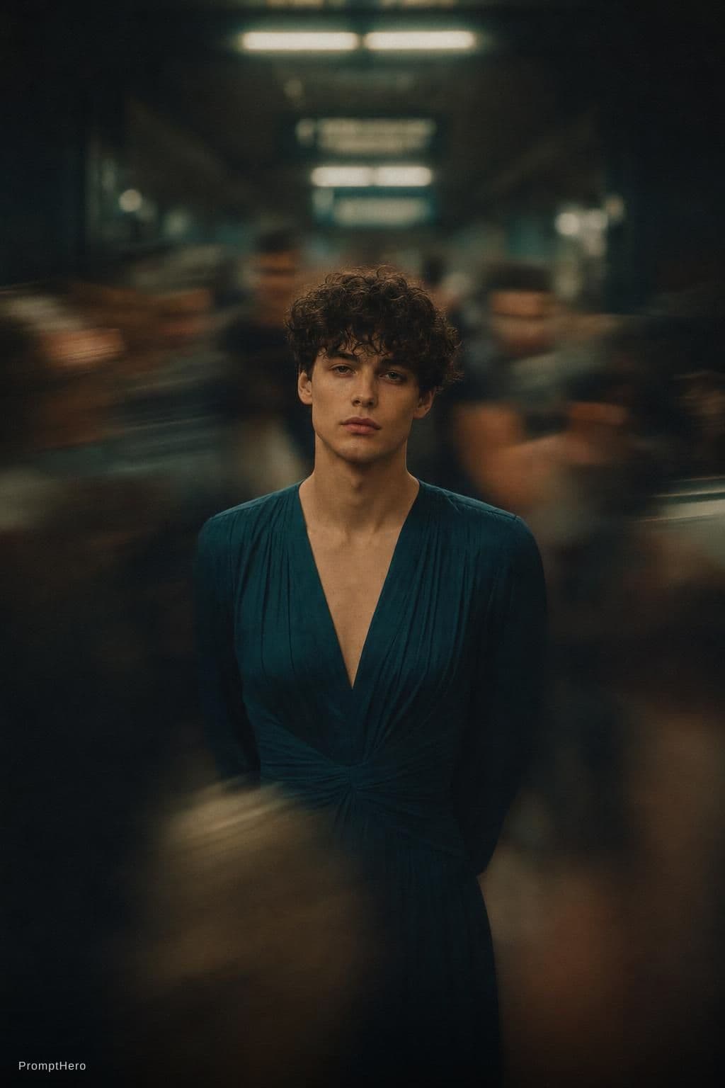 AI generated: Cinematic editorial portrait of a young women in her early twenties standing motionless at the
cente...