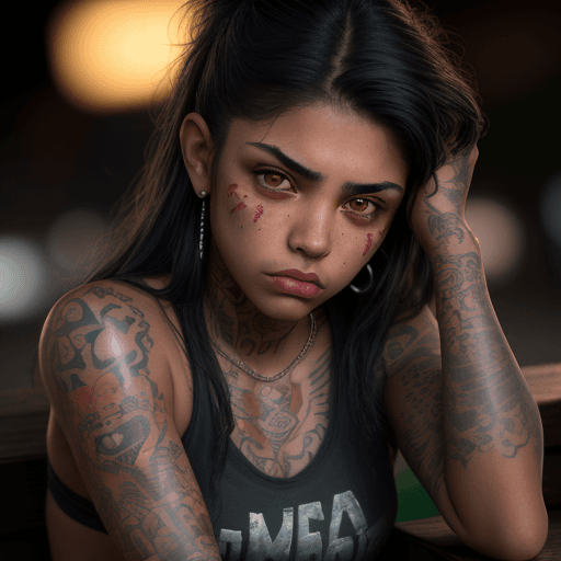 AI generated: 19 year old latina, mexican gang style, dressd like , tatoos, face closeup, sit on a  bar, photograp...