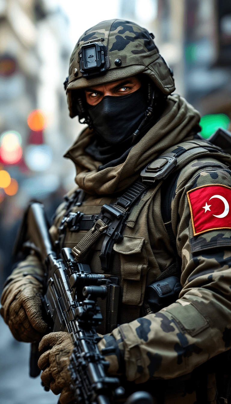 AI generated: /imagine prompt: A fierce, modern Turkish soldier dressed in advanced military tactical gear, with c...