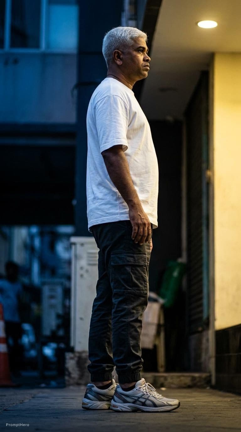 AI generated: photography, male model, bottom tilt shot, front central composition, full-body profile pose, gaze, ...