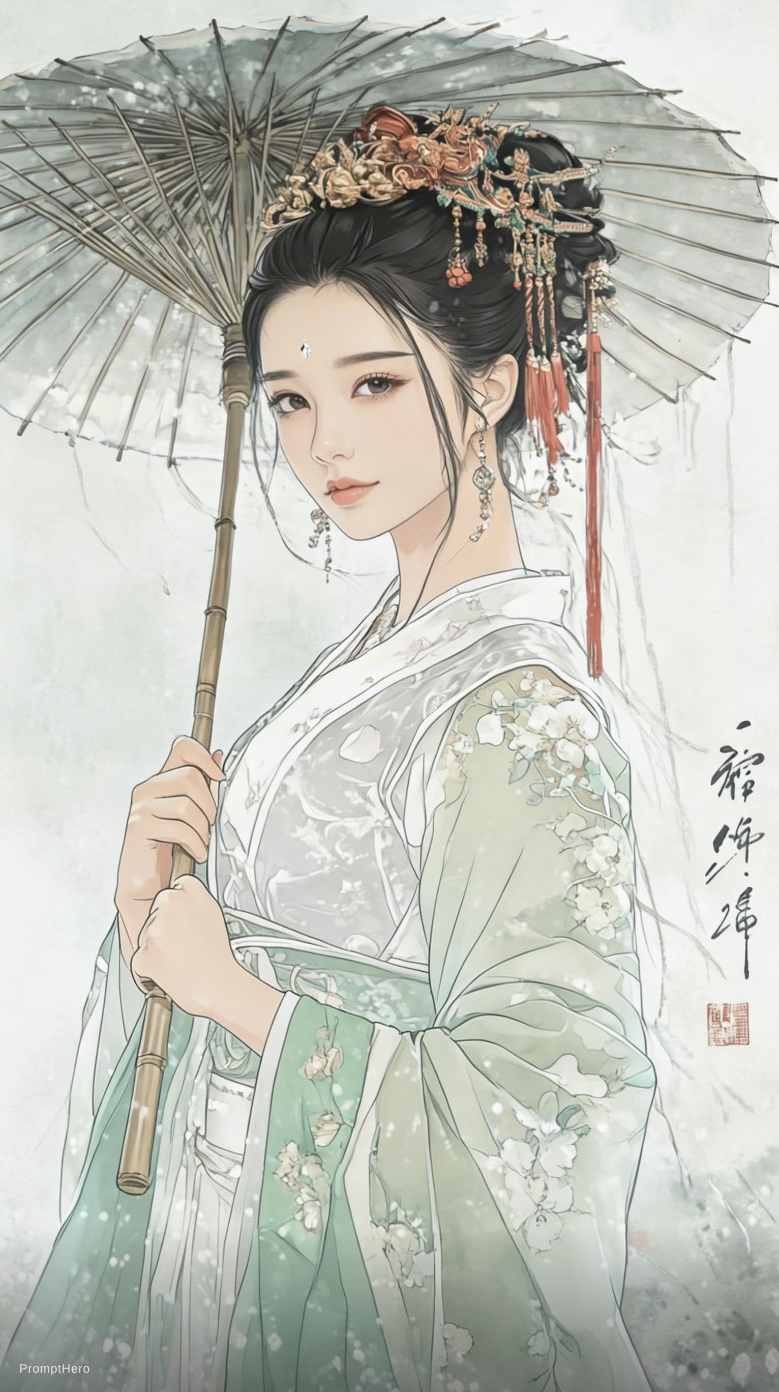 AI generated: a Chinese woman dressed in traditional Chinese dress with a bamboo umbrella, in the style of romanti...
