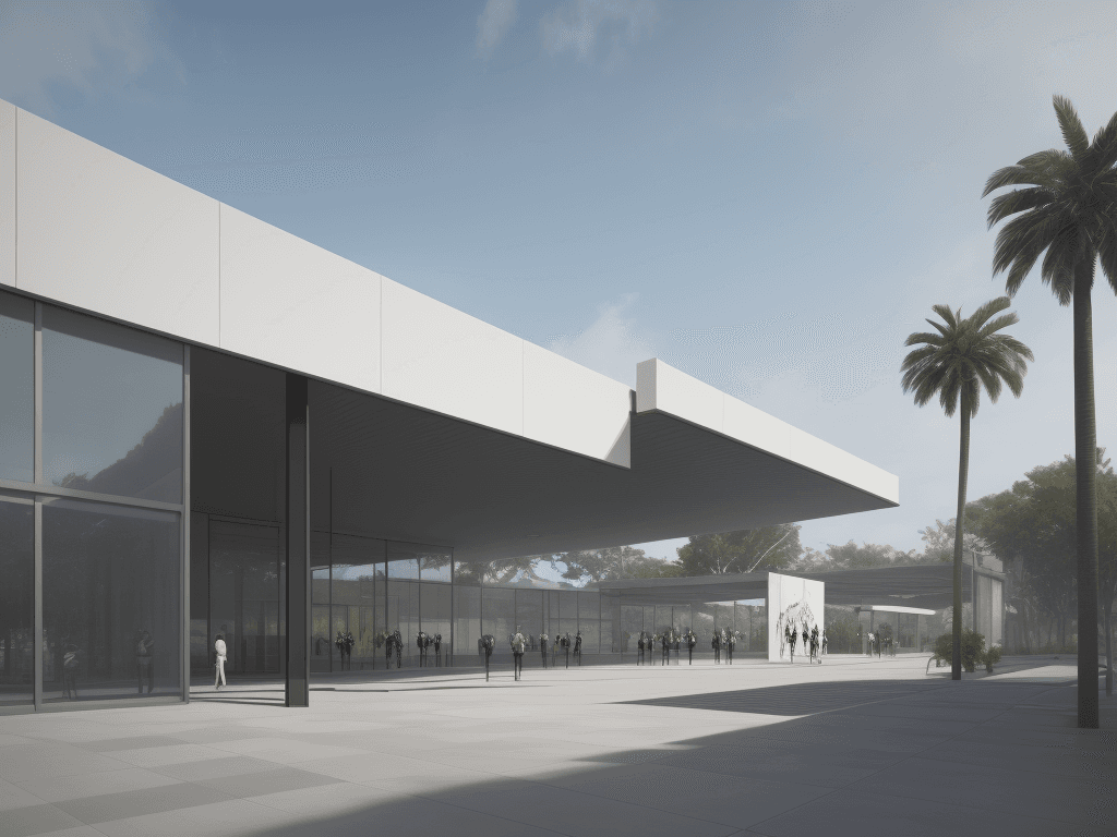 AI generated: Exterior facade with a modern style, of a single-story art gallery or pavilion, positioned on a 60-m...