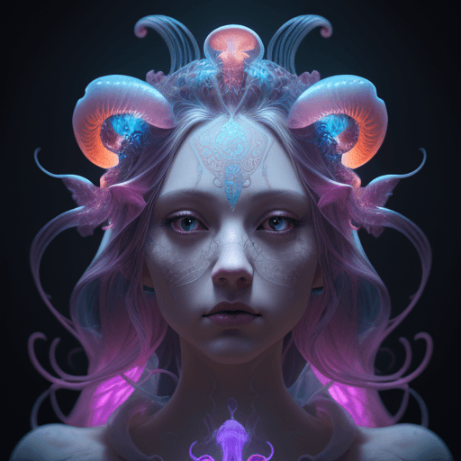 AI generated: Goddess close-up portrait ribcagel. jellyfish phoenix head, nautilus, orchid, skull, betta fish, bio...