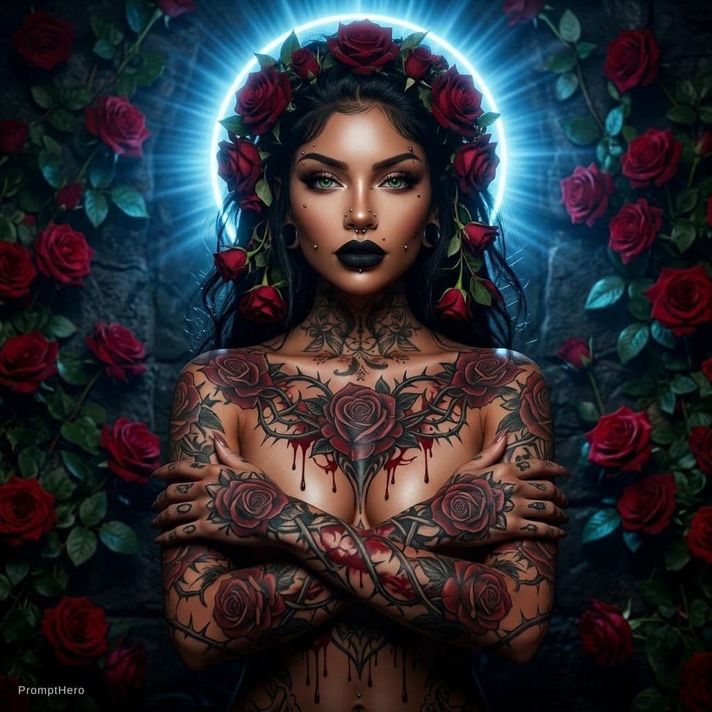 AI generated: A stunningly beautiful woman with dark hair adorned with red roses, piercing green eyes, and full bl...