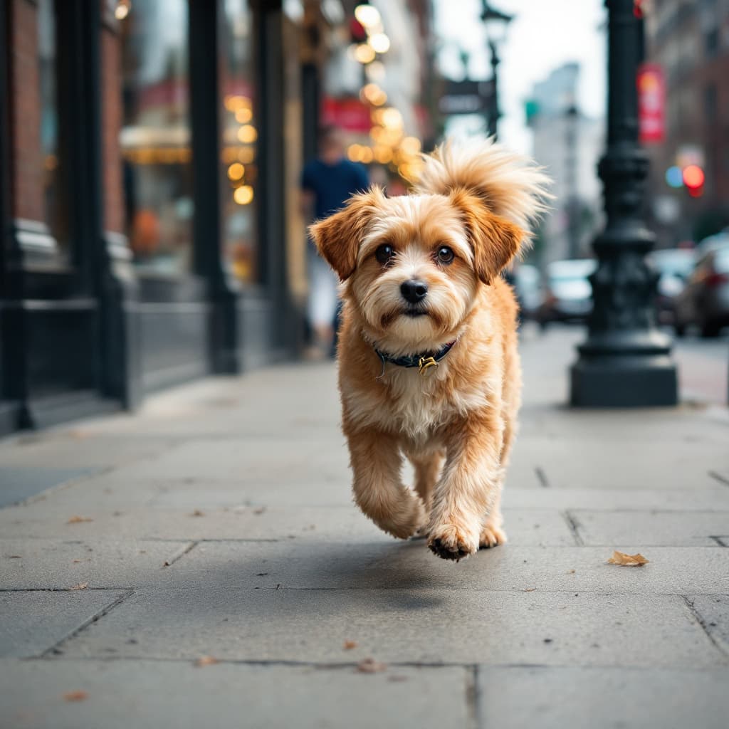 AI generated: image of small dog lost walking on sidewalk in a urban city.