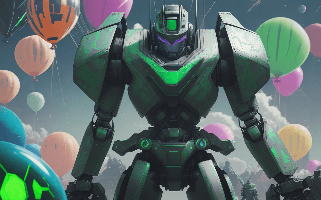 AI generated: a close up of a poster with great robot warrior stands after the battle, looking into the distance, ...