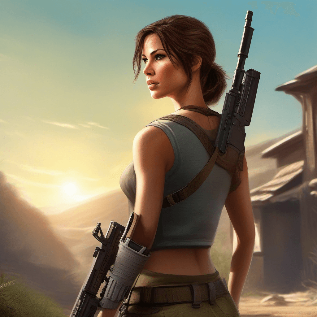 AI generated: Photo of a female as Lara Croft, holding Gun, outdoor, natural day lighting, depth of field, concept...