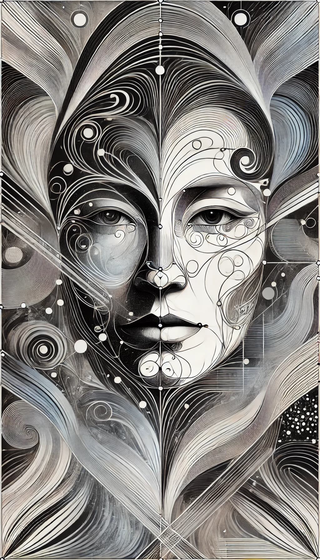 AI generated: 화 (話) 회 (回) 탈. Linguistic rotational masks by Incredibism.