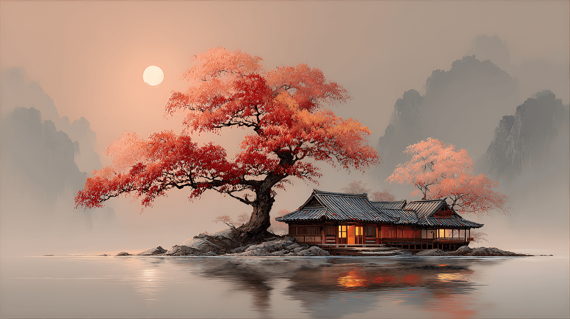 AI generated: the heart of the image is a small island, just large enough to support a traditional wooden house an...