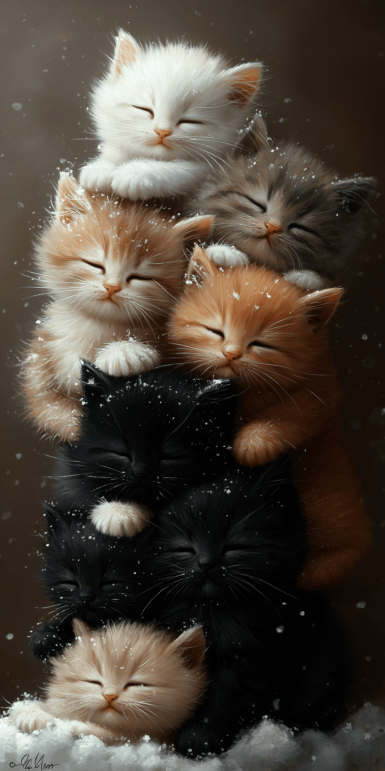 AI generated: A stack of cute kittens, black and white, orange, yellow, and brown, in the style of Artgerm. Oil pa...