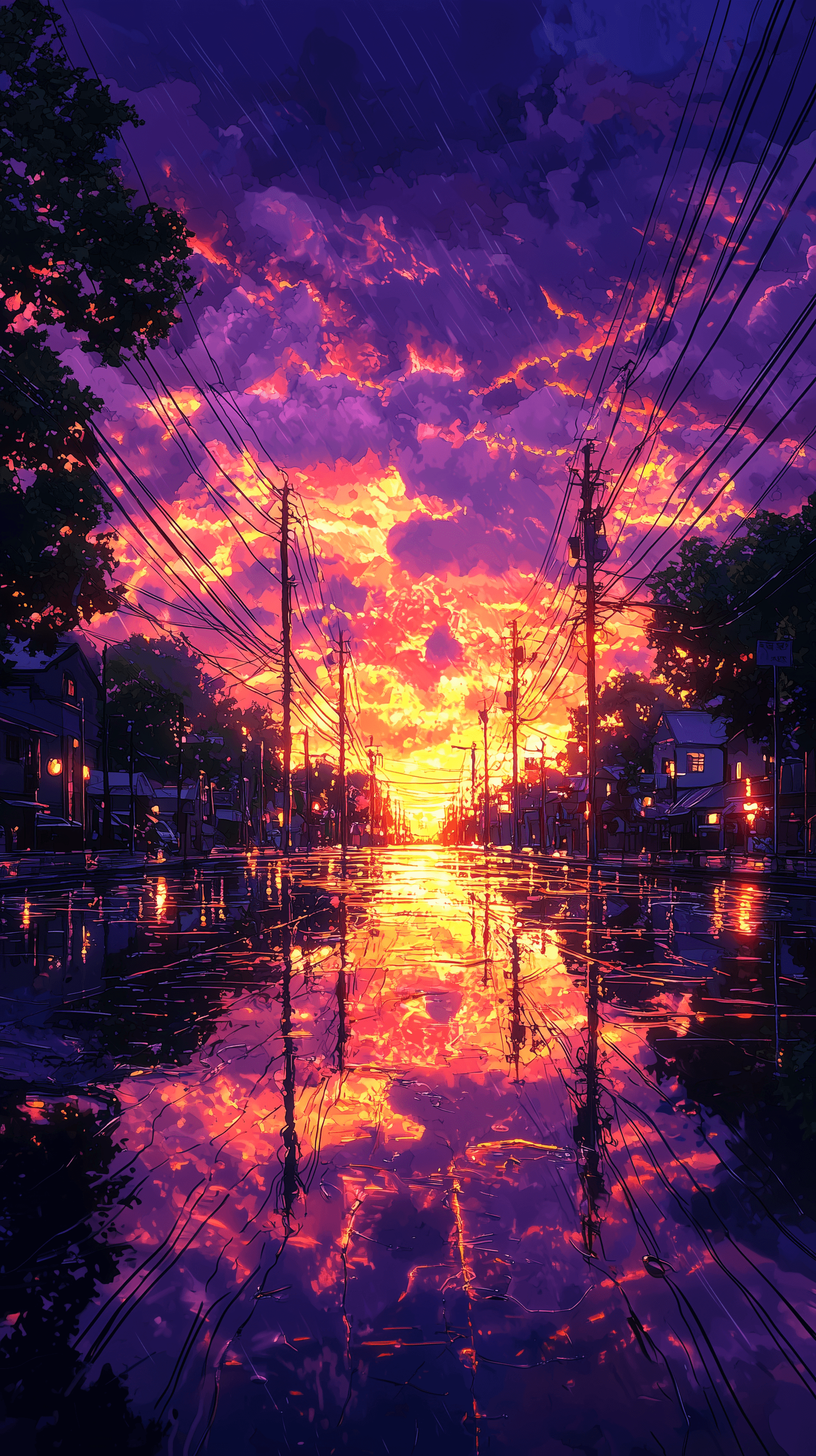 AI generated: vibrant animated landscape at dusk, featuring a dramatic purple sky with swirling clouds and vivid o...
