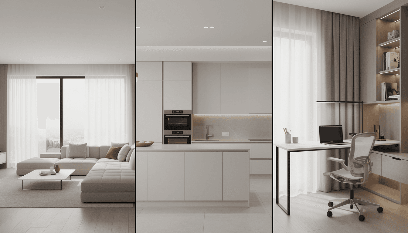 AI generated: premium interior design showcase, collage of modern living room, kitchen and office space blended to...