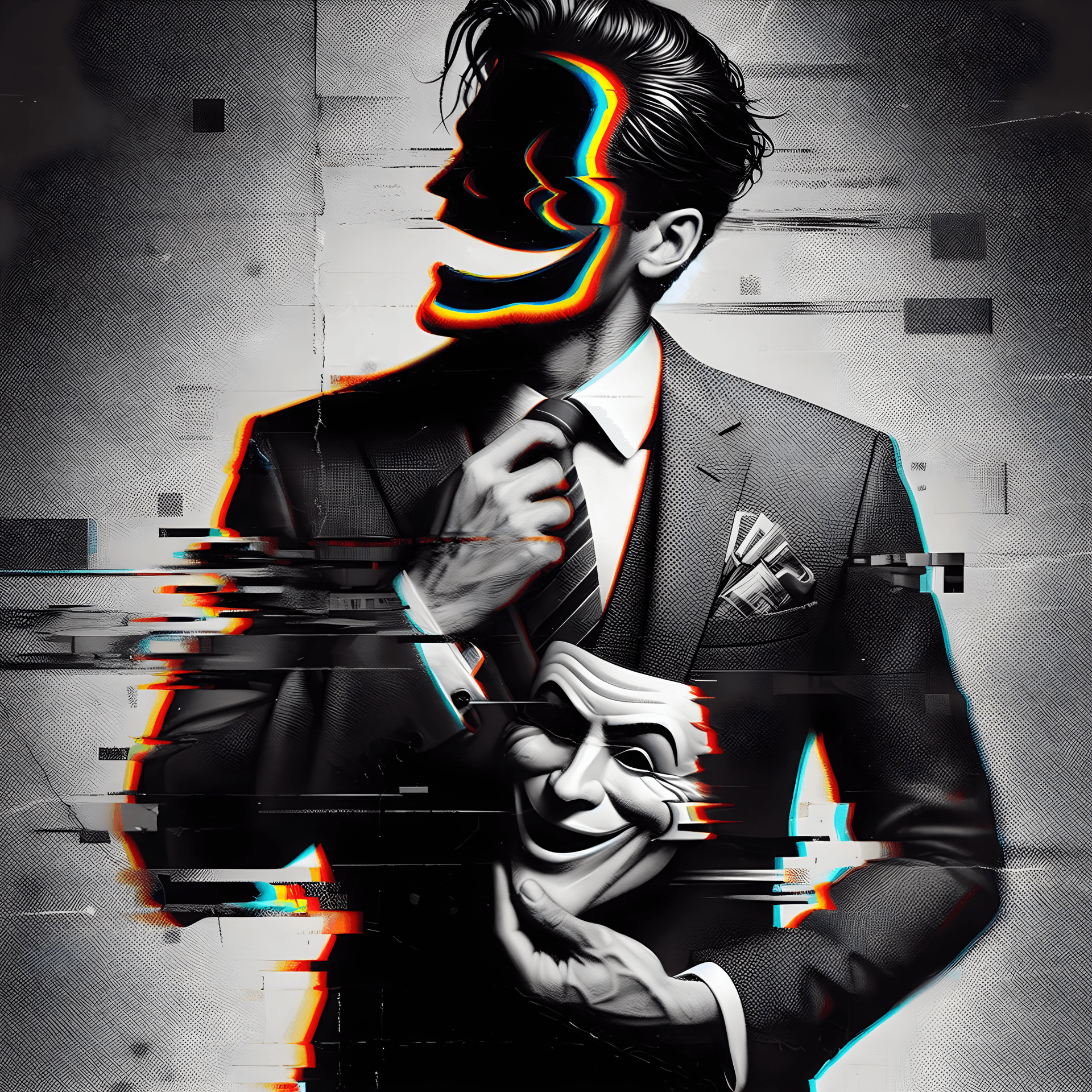 AI generated: corrupted Mr. Negative, Digital photo manipulation, Graphic editing software, Contemporary era, Gray...