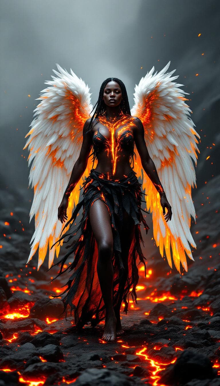 AI generated: In a barren, volcanic landscape, a fierce Black African woman stands amidst jagged black rocks, her ...
