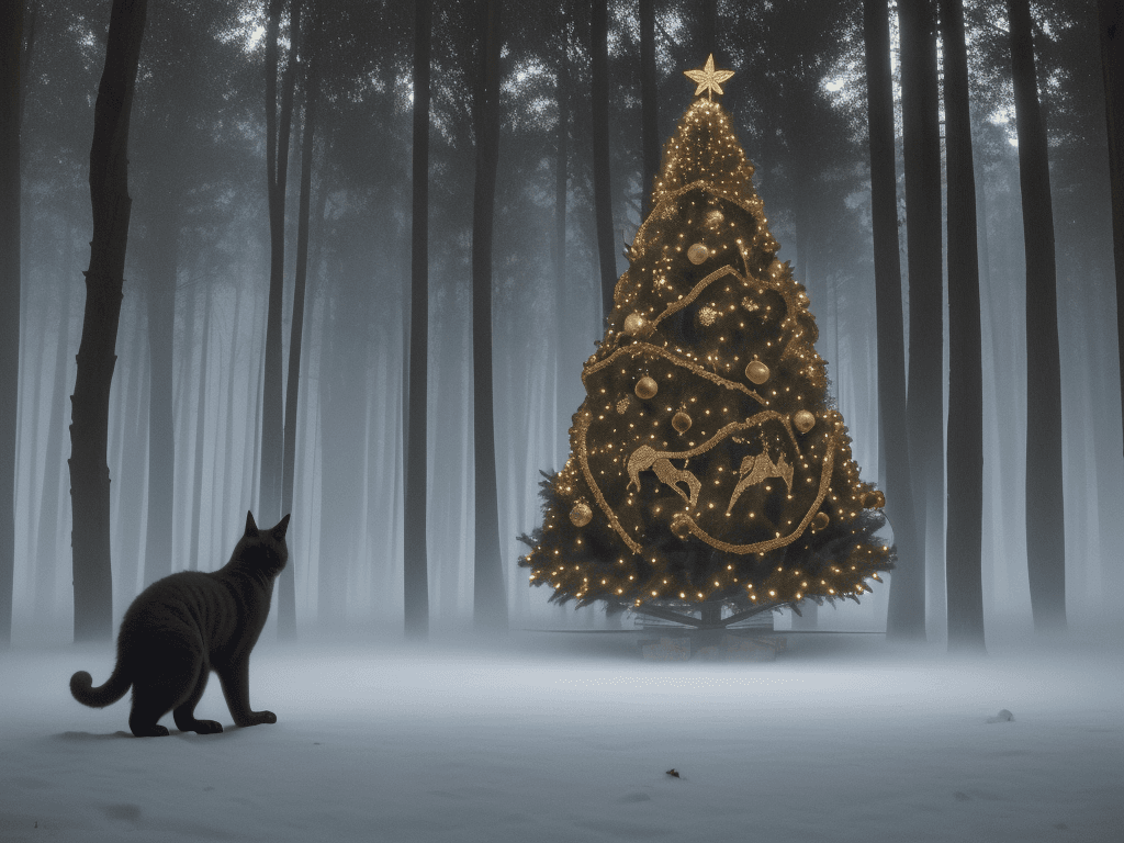 AI generated: Abstract decorated Christmas tree being attacked by a large dark cat, bright forest, light fog; 8k, ...